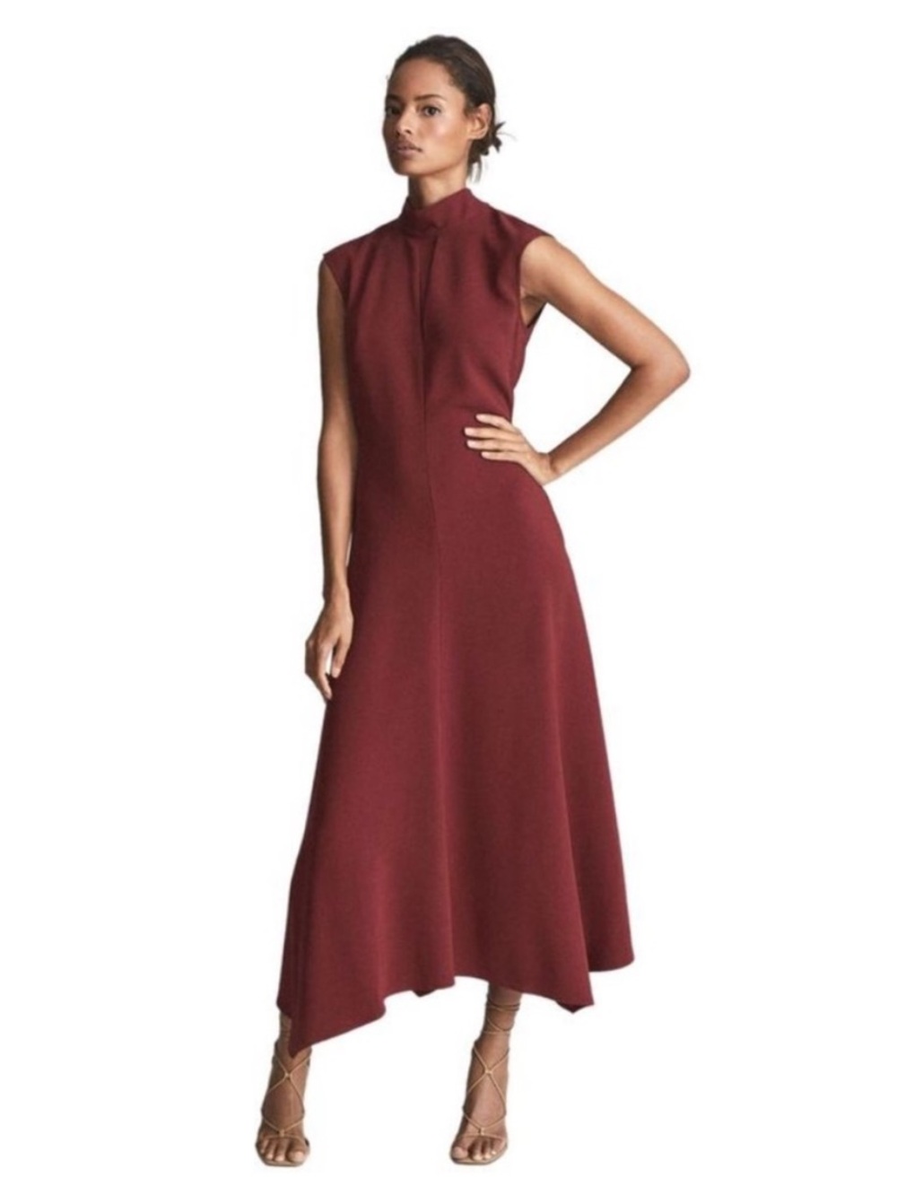 NEW REISS Livvy Open Back Midi Dress in Dark Red Size 10 Open Back Tie Neck NWT